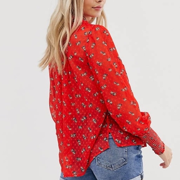 FP | Red Floral Flowers In December Sheer Floral Blouson Sleeve Popover Blouse - Picture 13 of 13